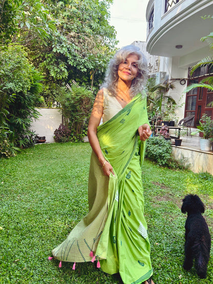Green summer breeze block printed mulmul saree