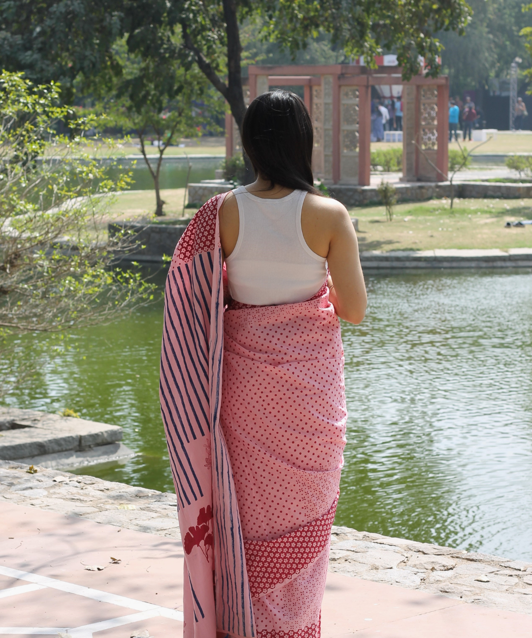 Pink summer soul block printed mulmul saree