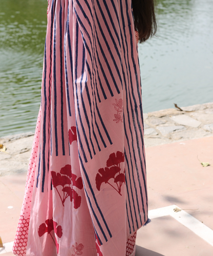 Pink summer soul block printed mulmul saree