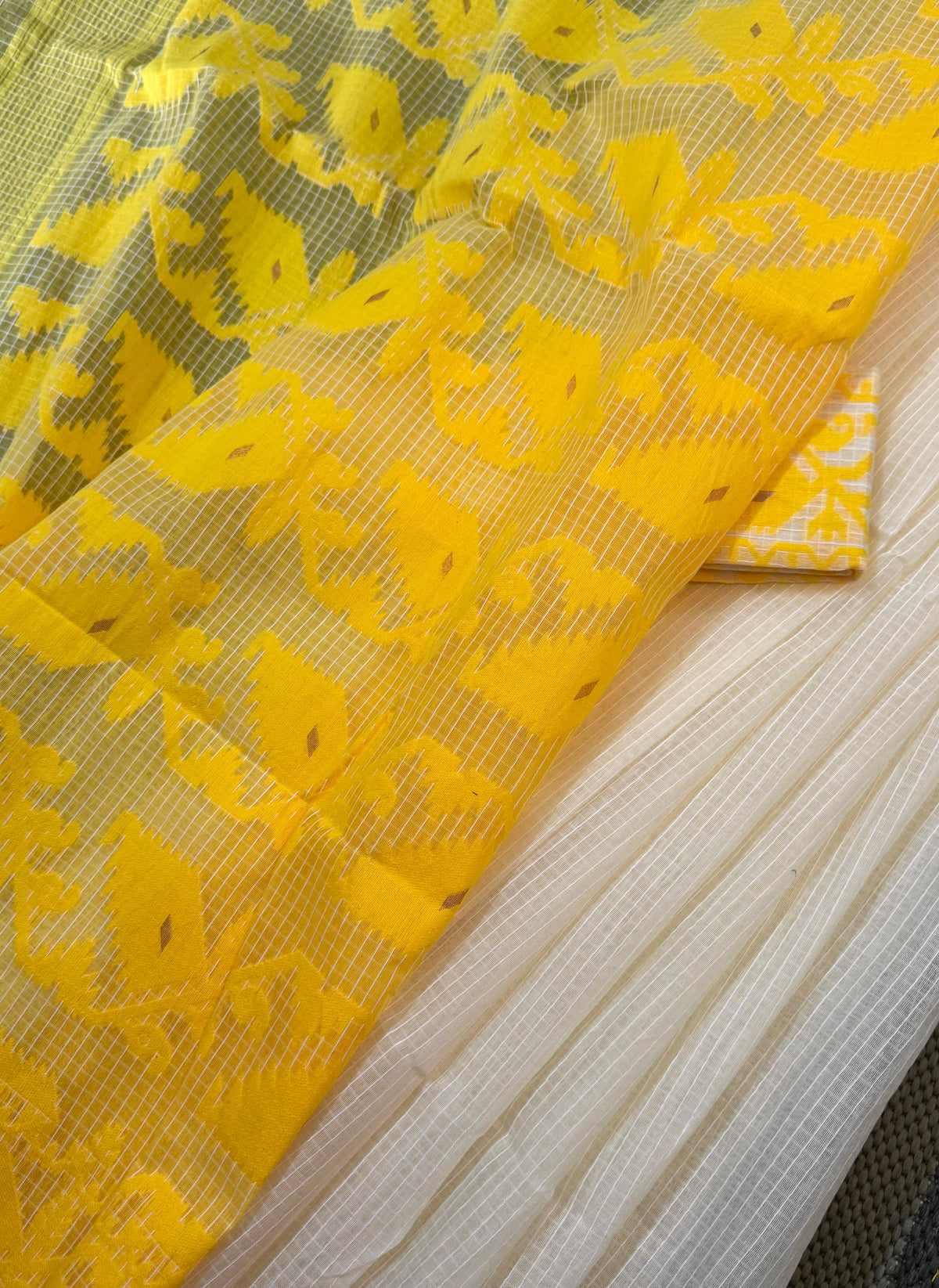 White Yellow Self Checks Bengal Jamdani saree