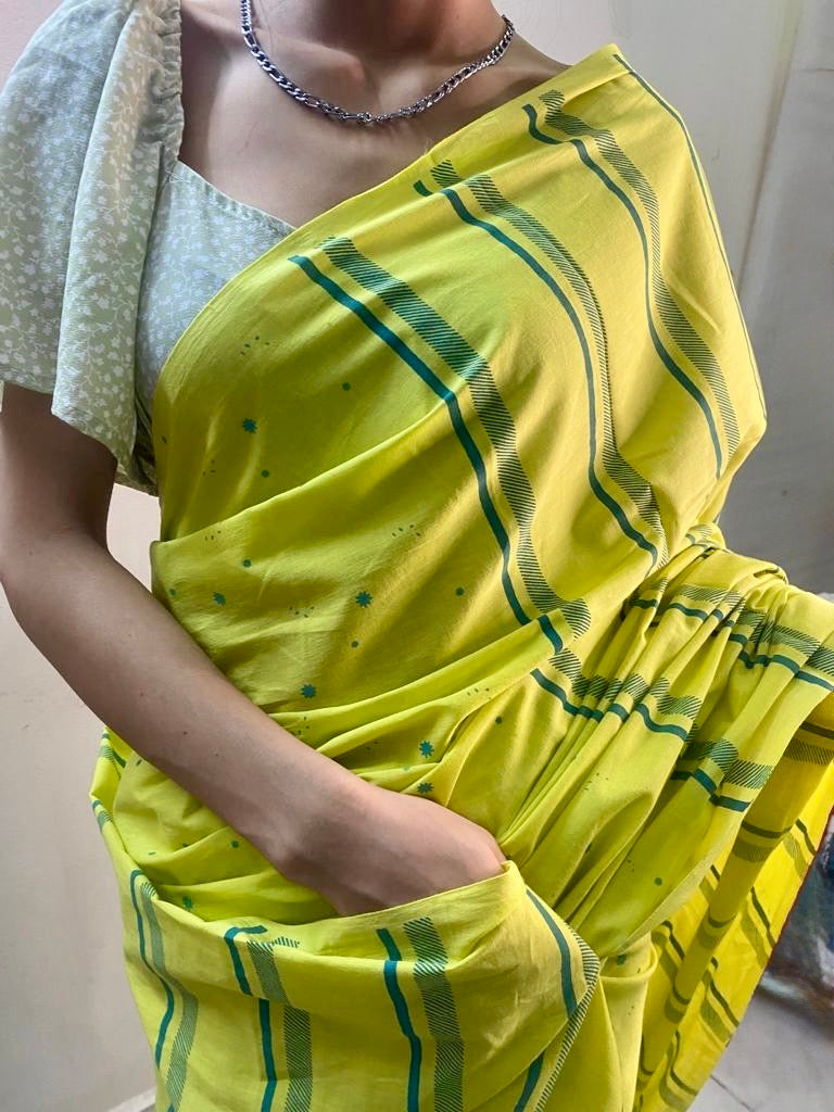 Neon yellow hand blockprinted cotton mulmul saree