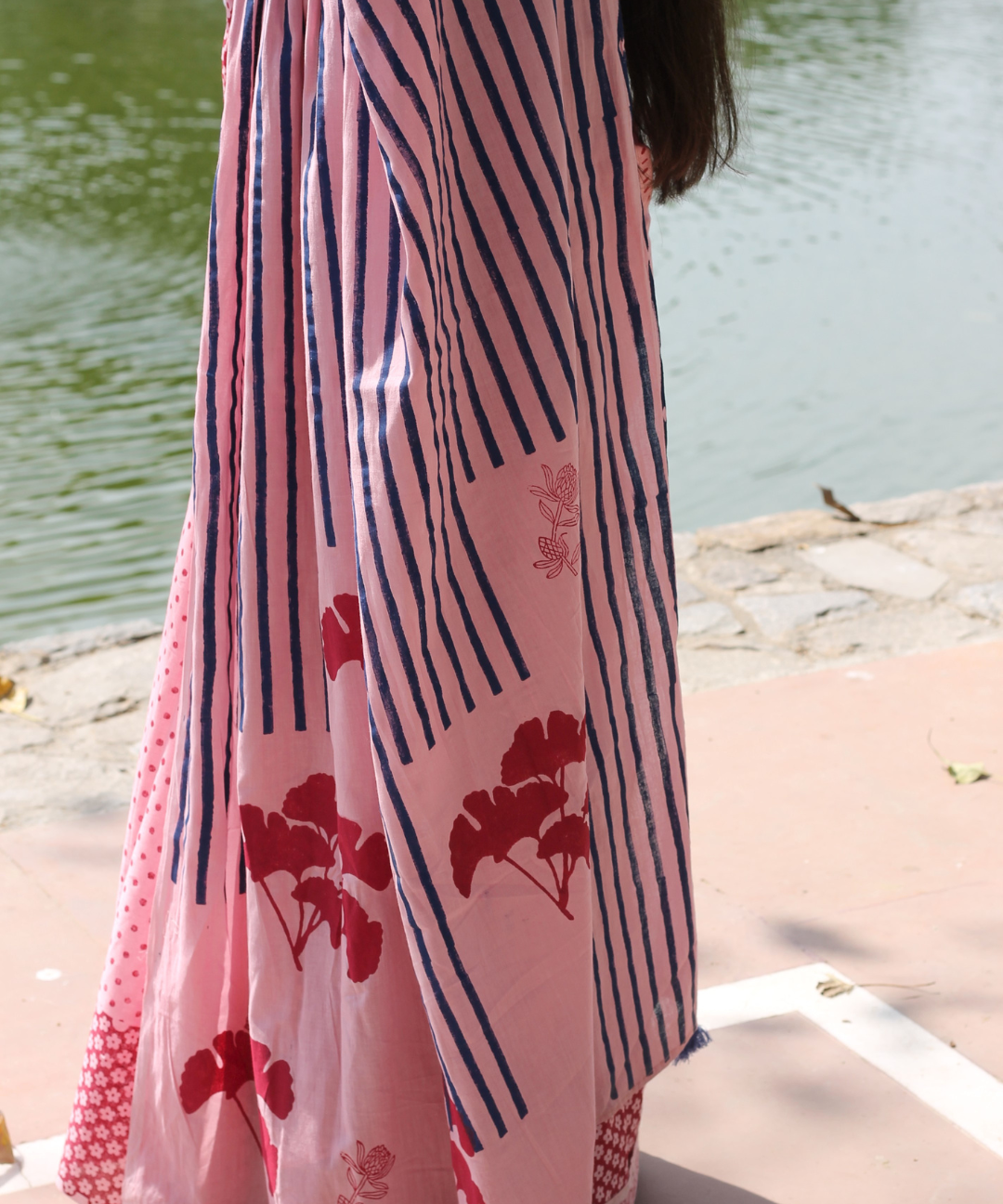 Pink summer soul block printed mulmul saree