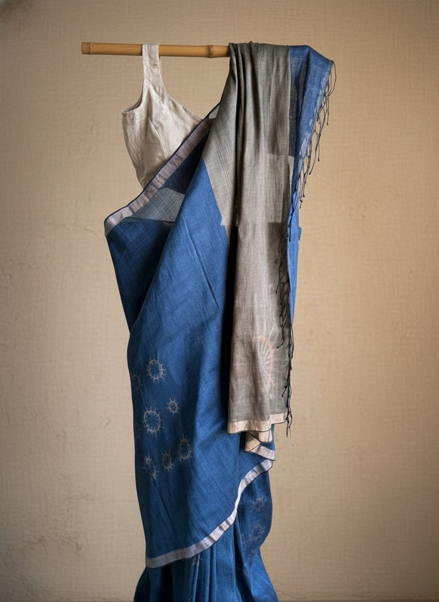Blue jamdani linen saree