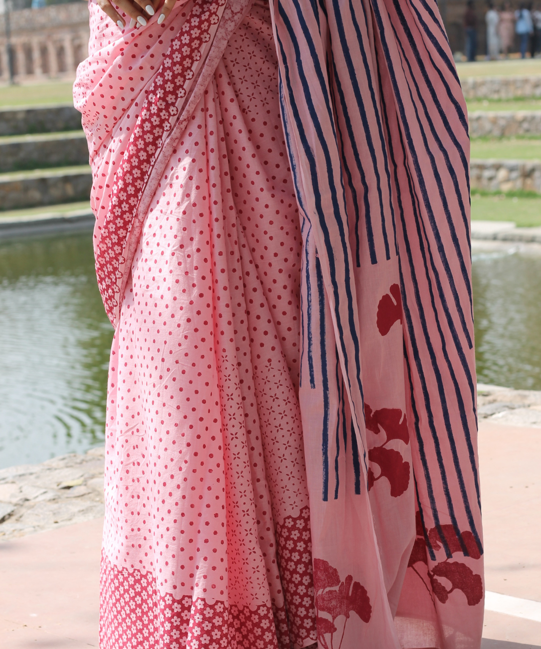 Pink summer soul block printed mulmul saree