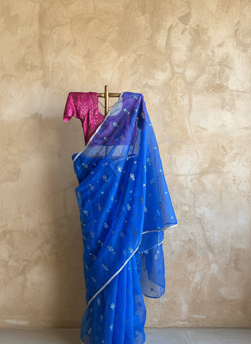 Blue organza saree