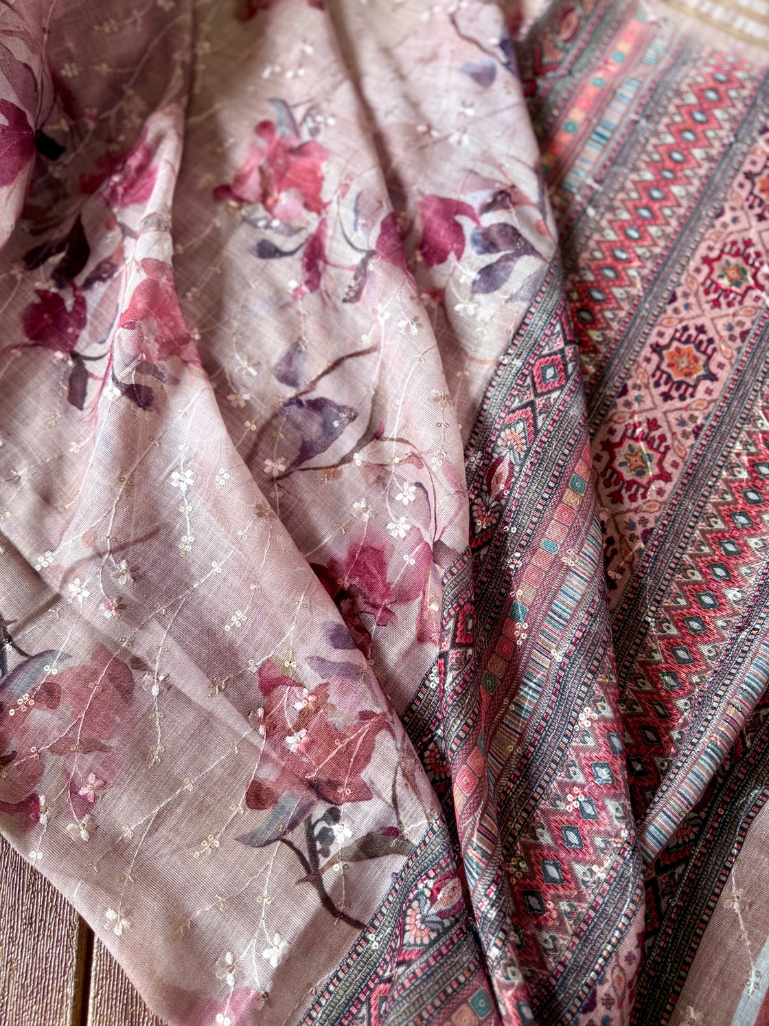Light pink thread embroidered saree