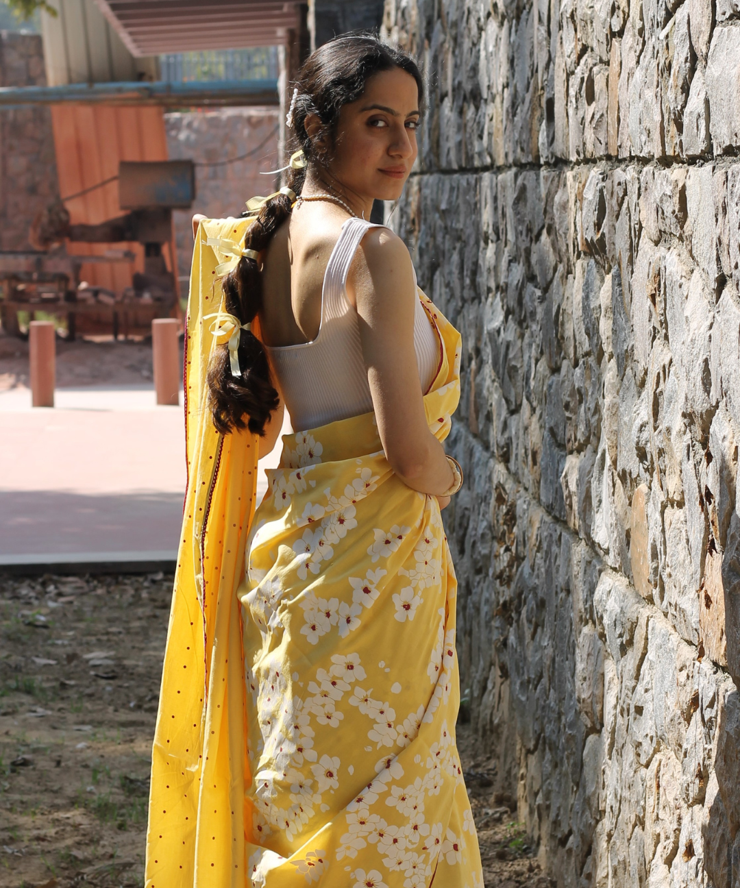 Yellow summer child block printed mulmul saree