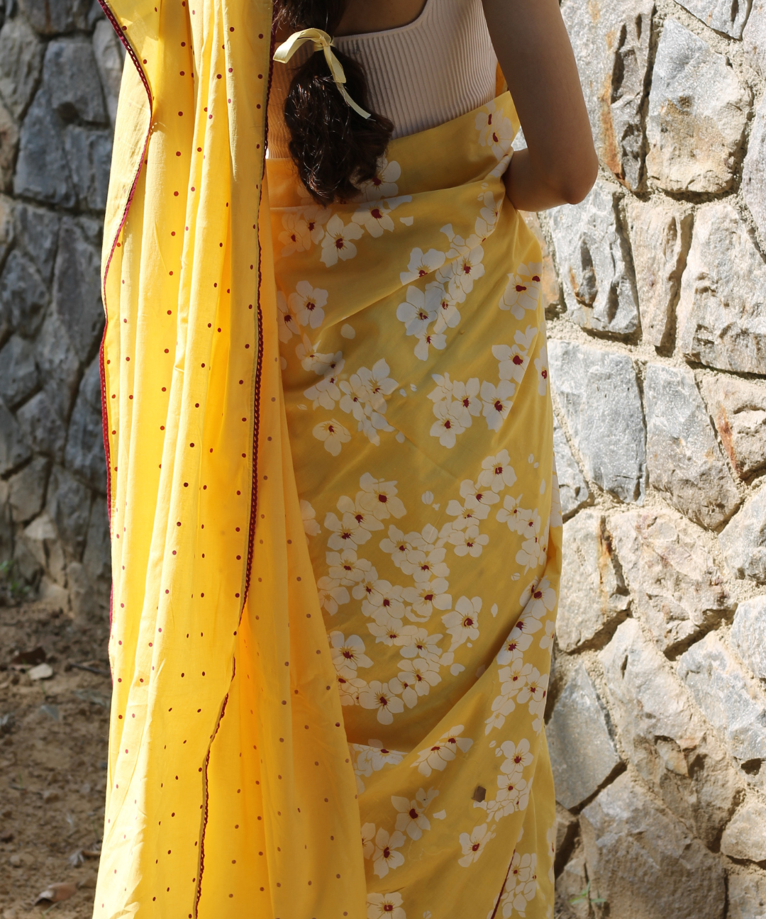 Yellow summer child block printed mulmul saree