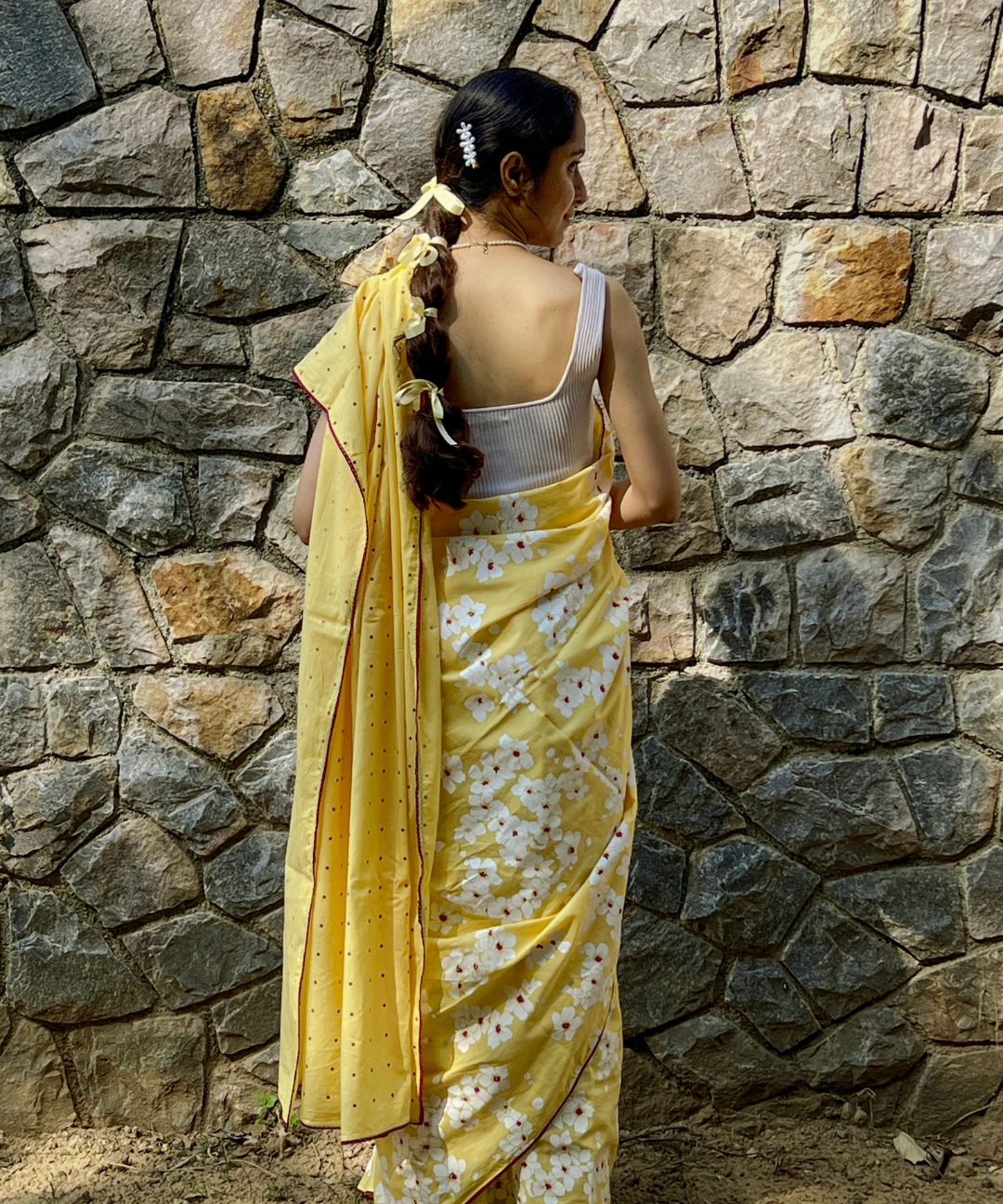 Yellow summer child block printed mulmul saree