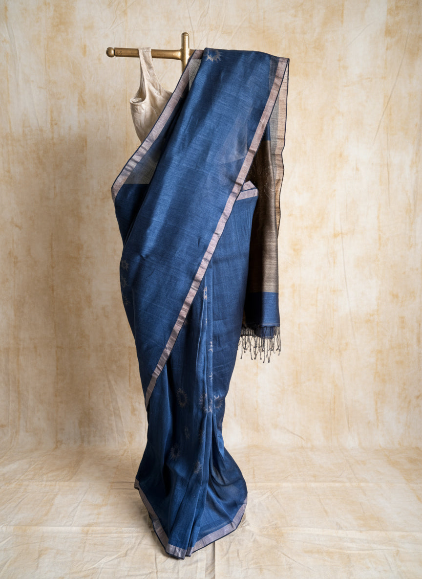 Blue jamdani linen saree