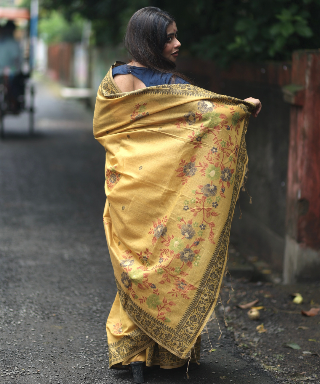 Yellow chanderi cotton jamdani saree
