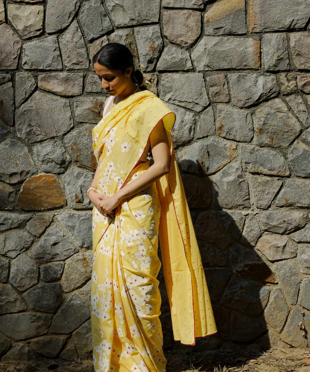 Yellow summer child block printed mulmul saree