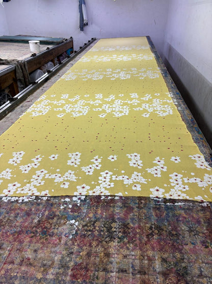Yellow summer child block printed mulmul saree
