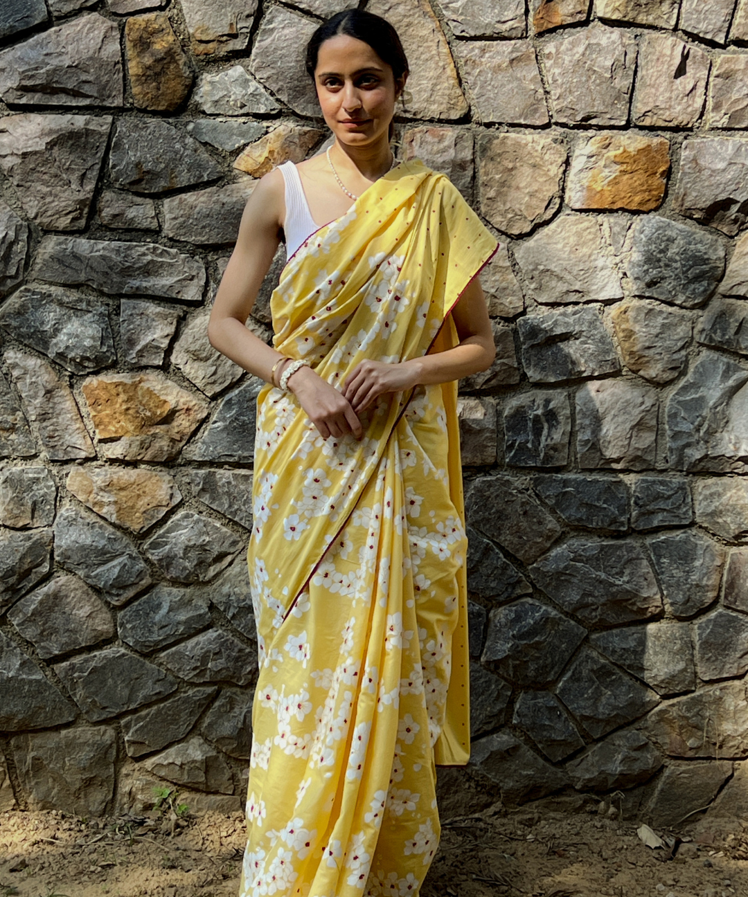 Yellow summer child block printed mulmul saree