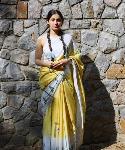 Yellow summer vibes block printed mulmul saree