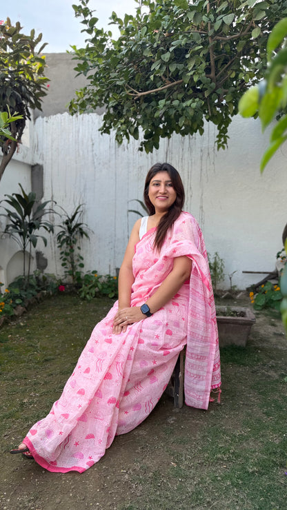 Pink cotton printed saree