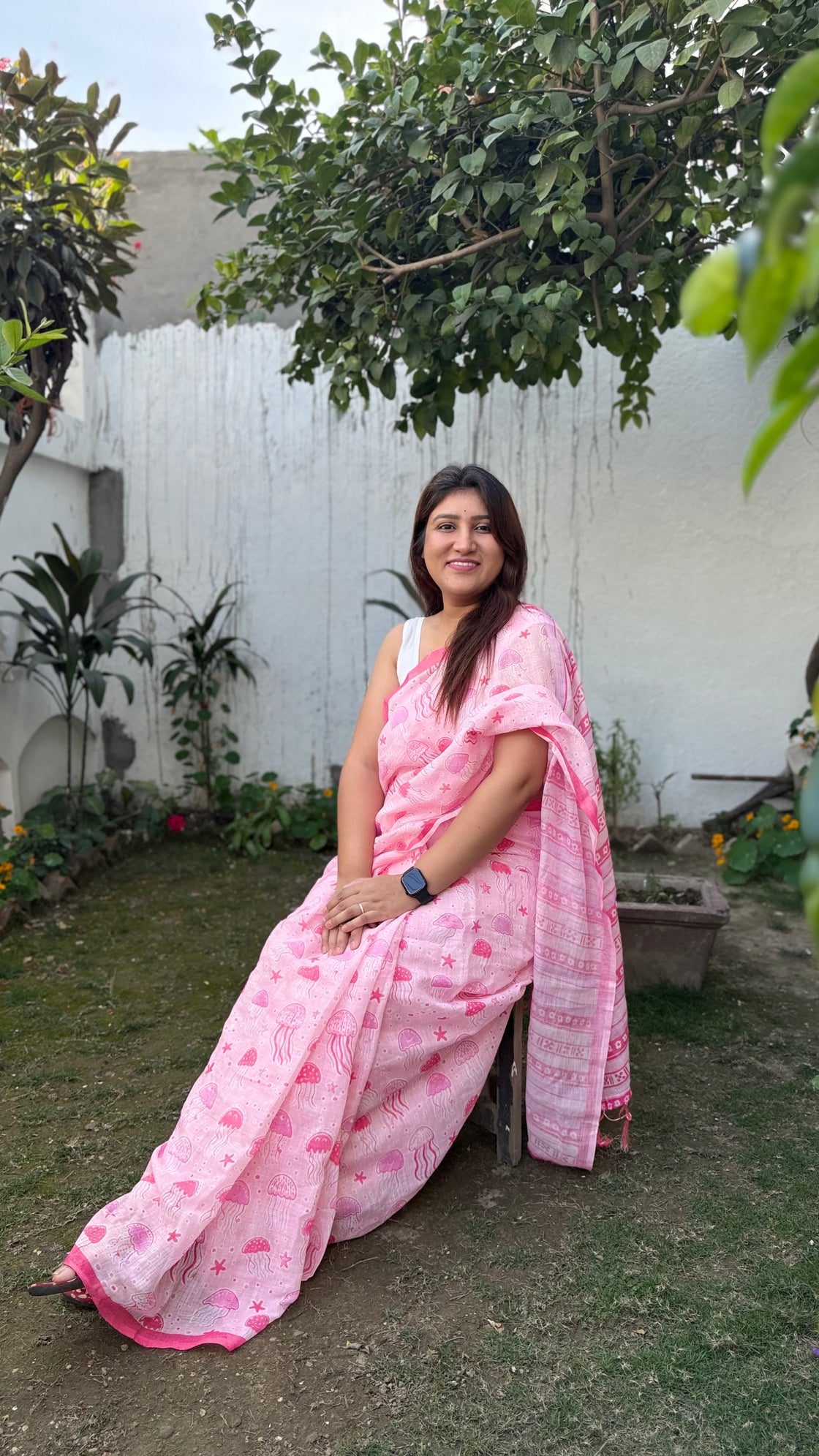 Pink linen cotton printed saree