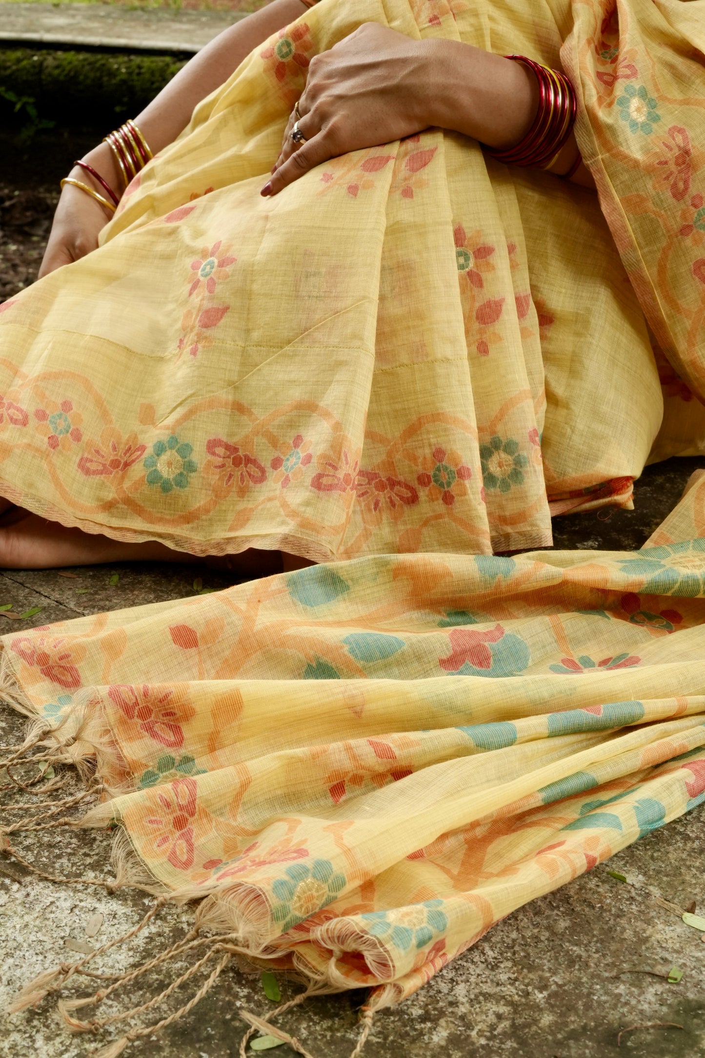 Yellow chanderi cotton jamdani saree