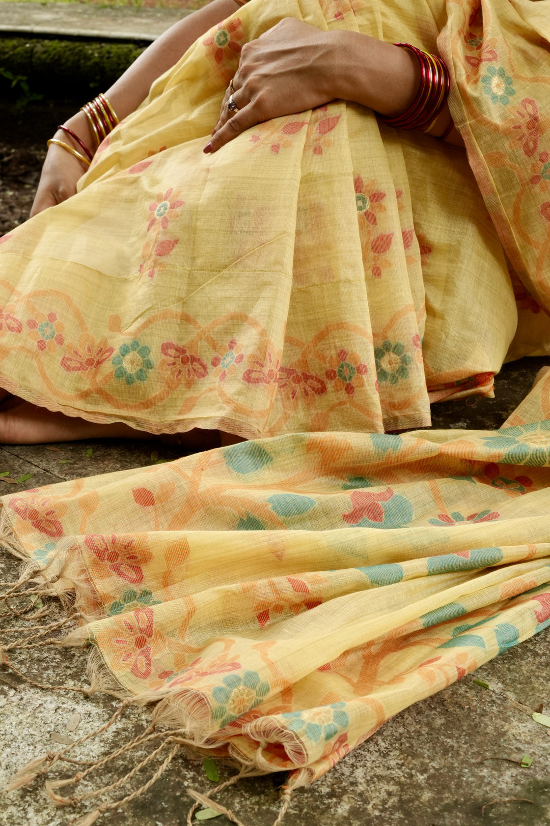 Yellow chanderi cotton jamdani saree