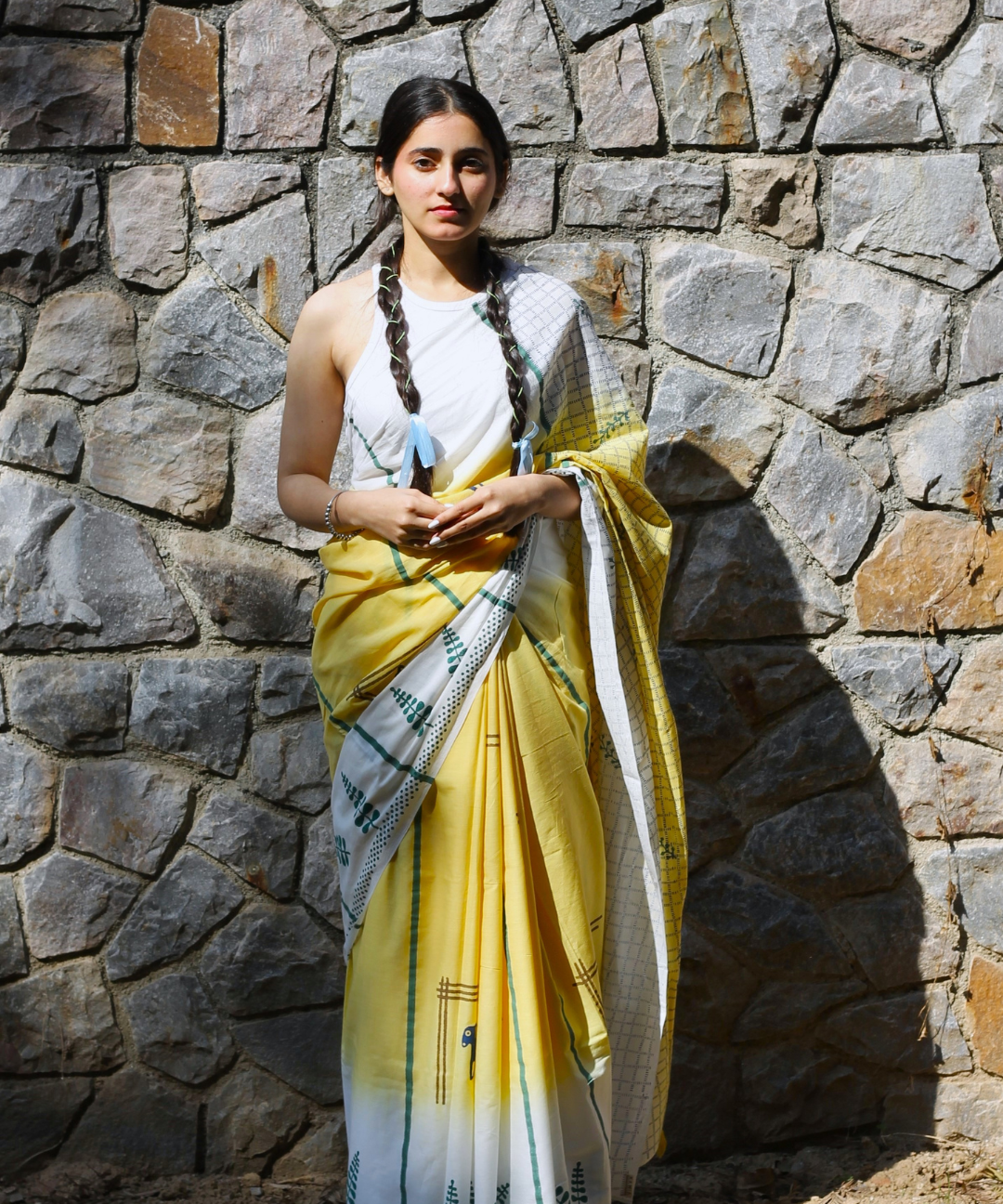 Yellow summer vibes block printed mulmul saree