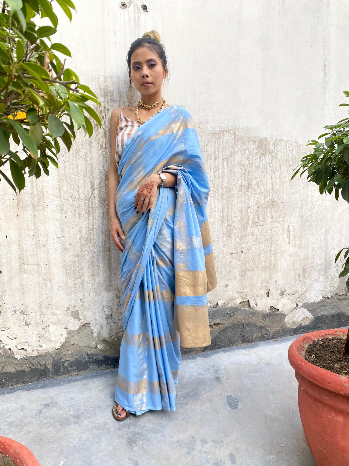 Blue cotton mulmul blockprinted saree