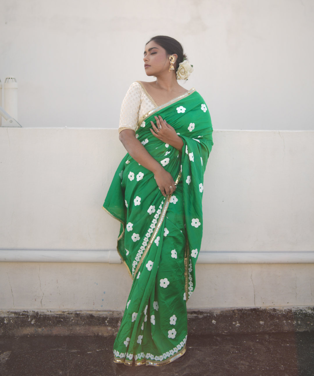Green blockprinted chanderi silk saree