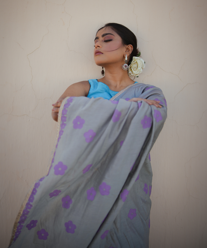 Grey blockprinted chanderi silk saree