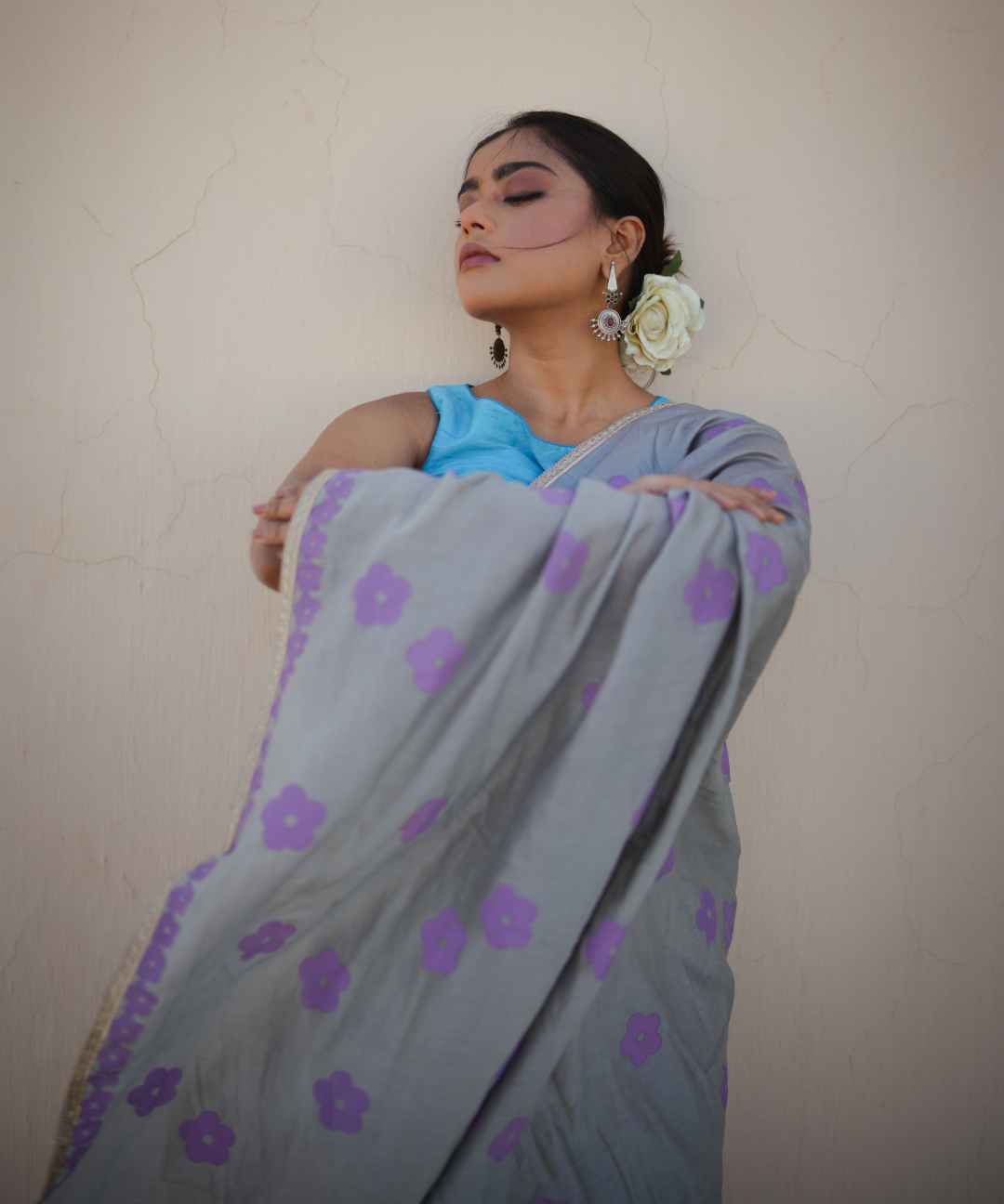 Grey blockprinted chanderi silk saree