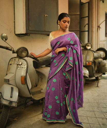 Purple blockprinted chanderi silk saree