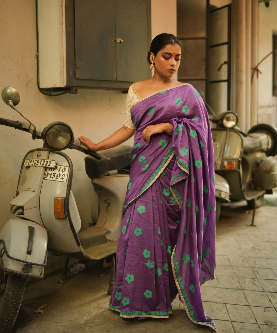 Purple blockprinted chanderi silk saree