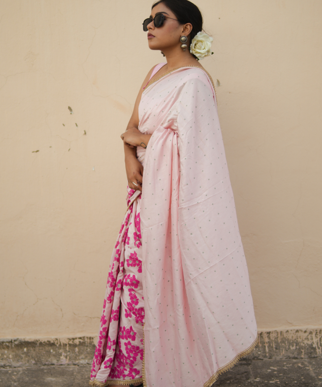 Pink blockprinted chanderi silk saree