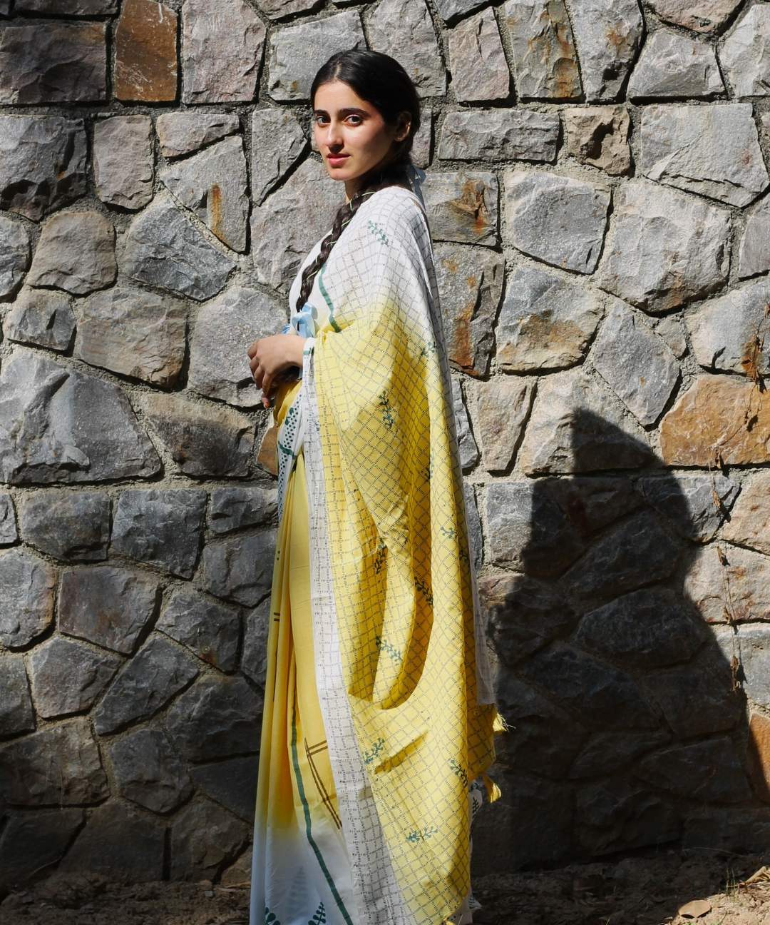 Yellow summer vibes block printed mulmul saree