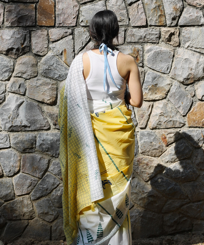 Yellow summer vibes block printed mulmul saree