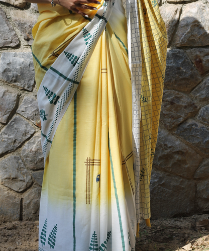 Yellow summer vibes block printed mulmul saree