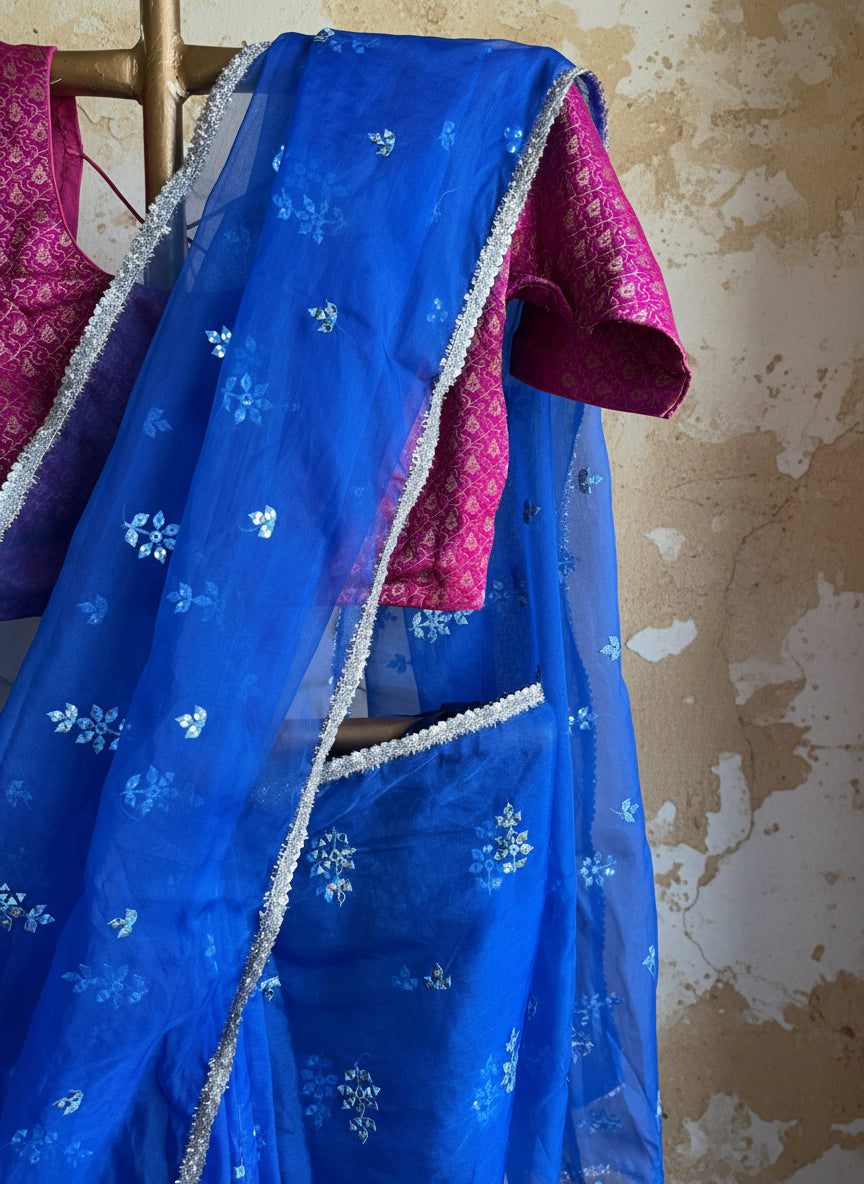 Blue organza saree