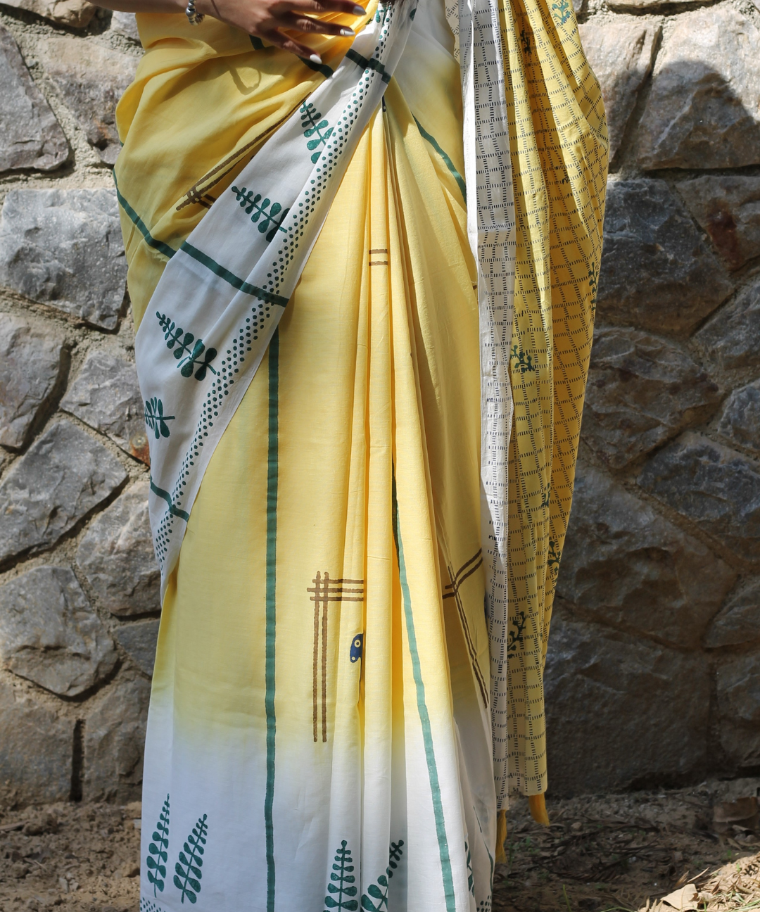 Yellow summer vibes block printed mulmul saree