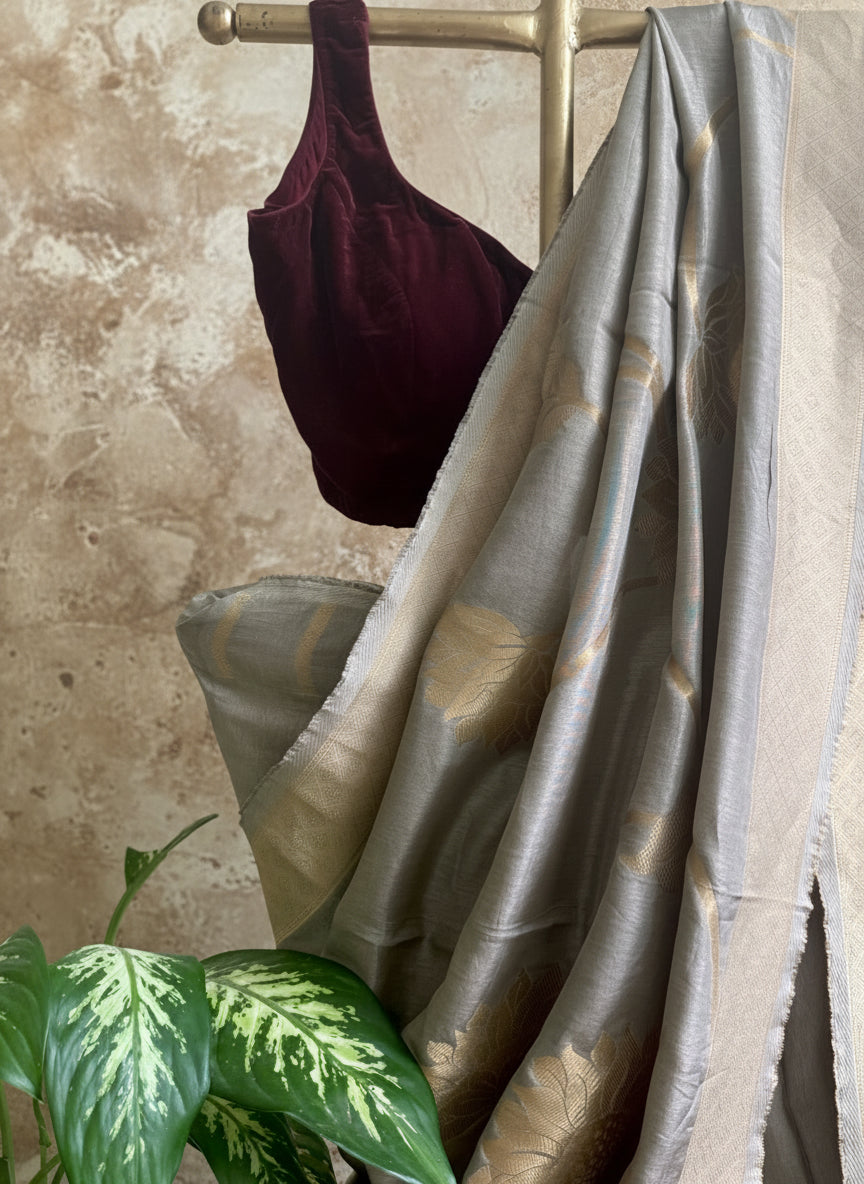 Grey silk banarasi saree