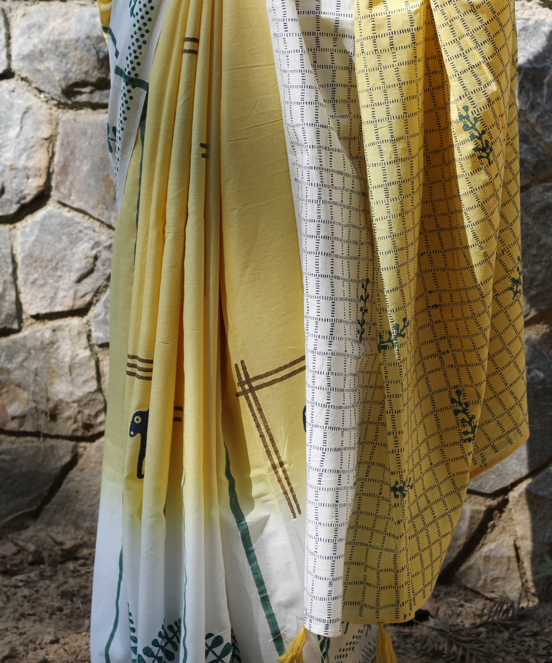 Yellow summer vibes block printed mulmul saree