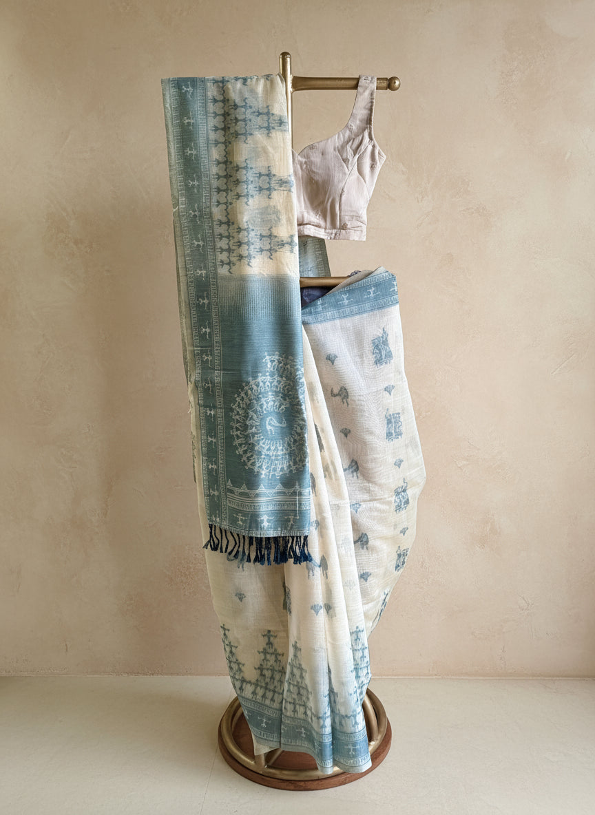 Teal green varli Chanderi cotton saree