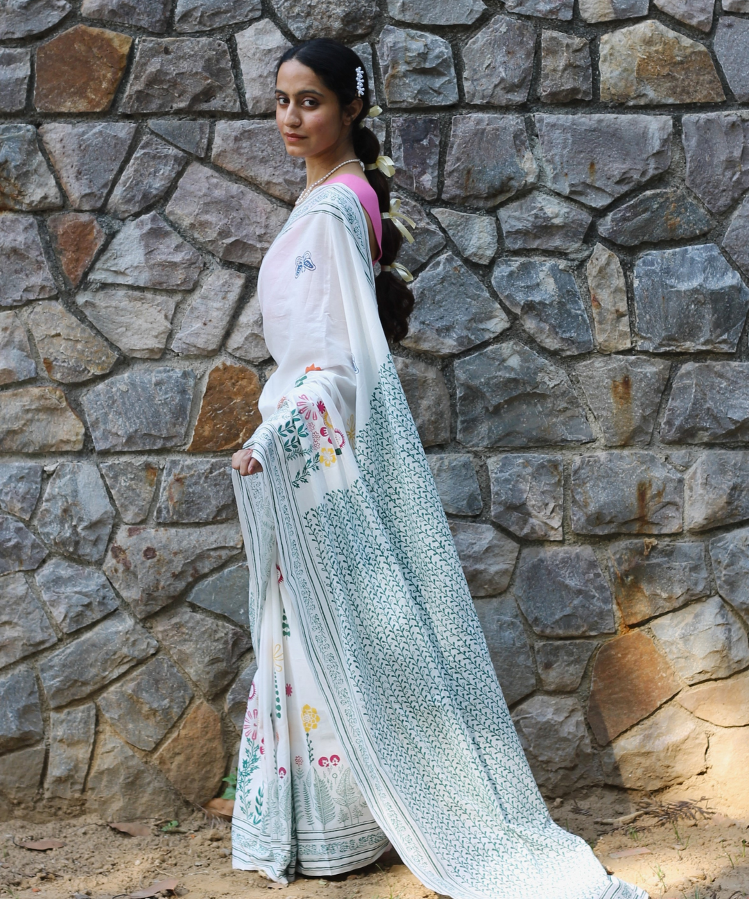 White summer garden block printed mulmul saree