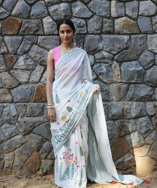 White summer garden block printed mulmul saree