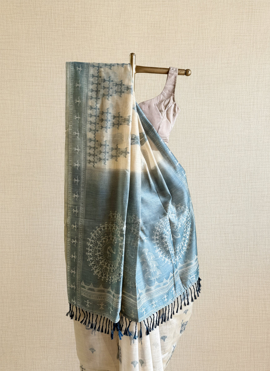 Teal green varli Chanderi cotton saree