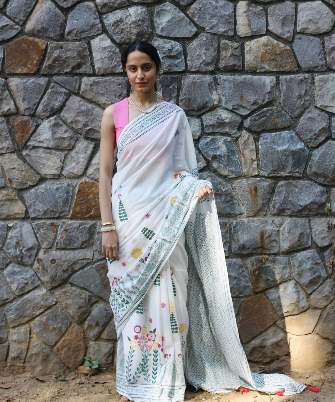 White summer garden block printed mulmul saree