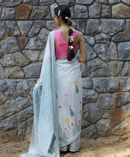 White summer garden block printed mulmul saree