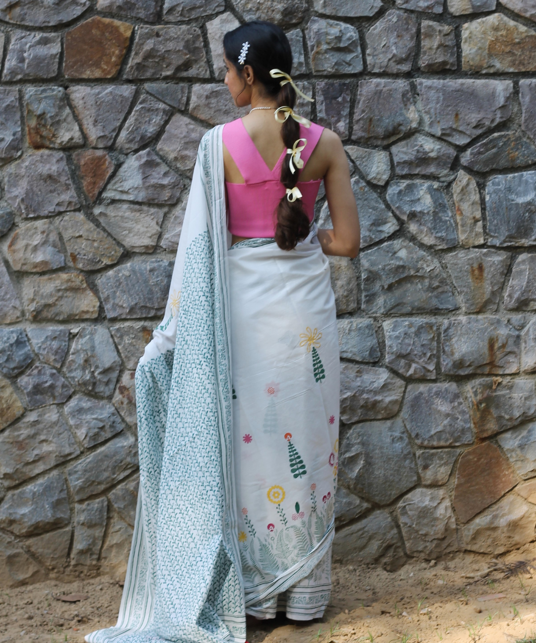White summer garden block printed mulmul saree