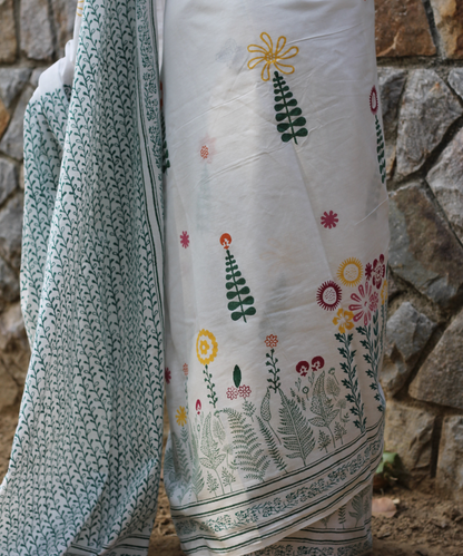 White summer garden block printed mulmul saree
