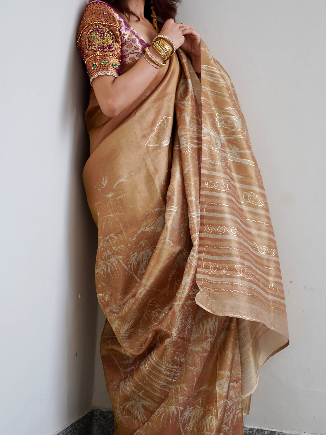 Brown abstract tissue silk saree