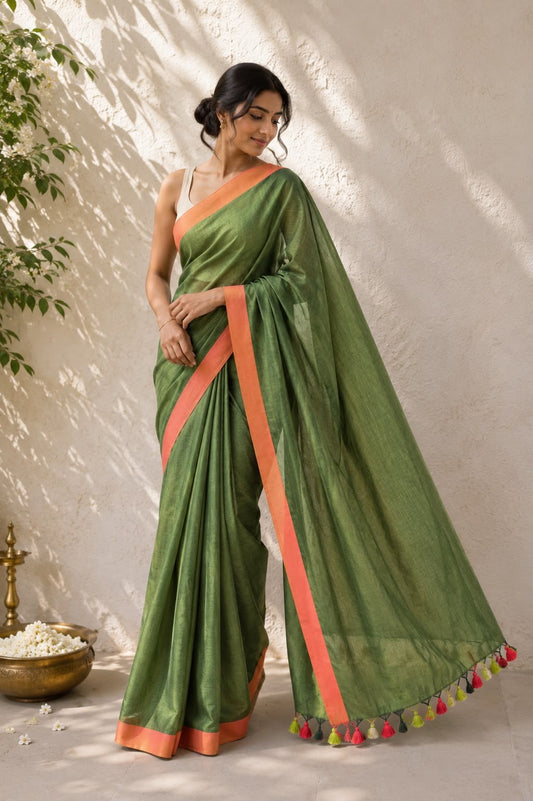 Olive green with Rust border cotton saree