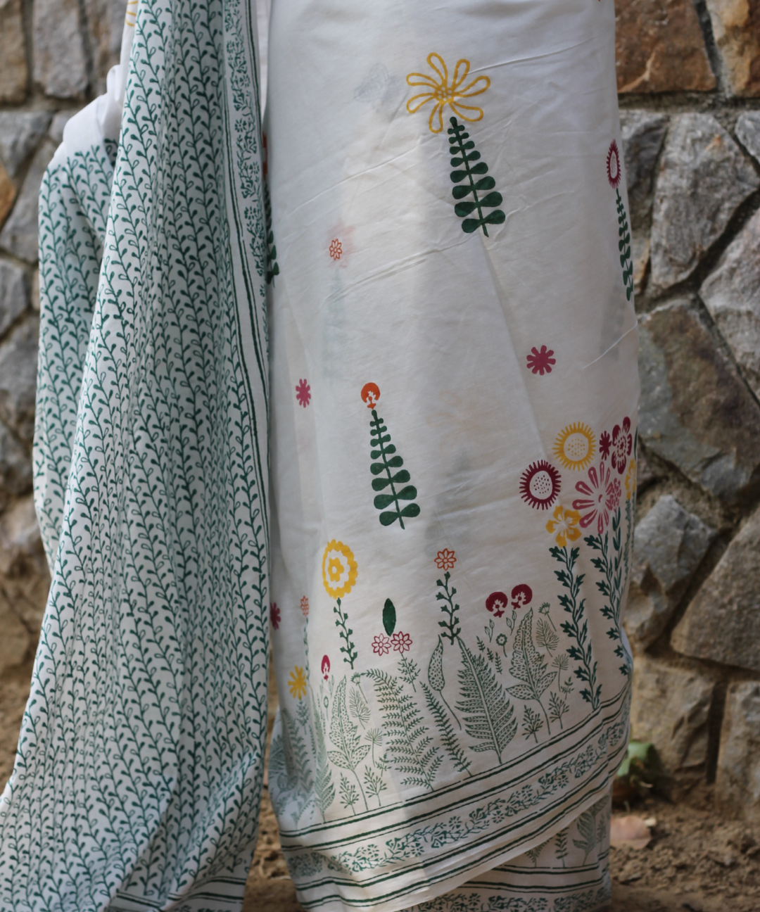 White summer garden block printed mulmul saree