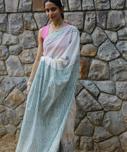 White summer garden block printed mulmul saree